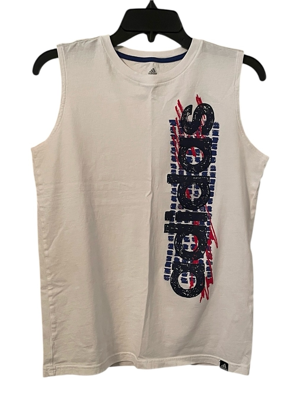 Adidas Boy's White Red Blue Abstract Text Regular Fit Sleeveless Tank Top Size L